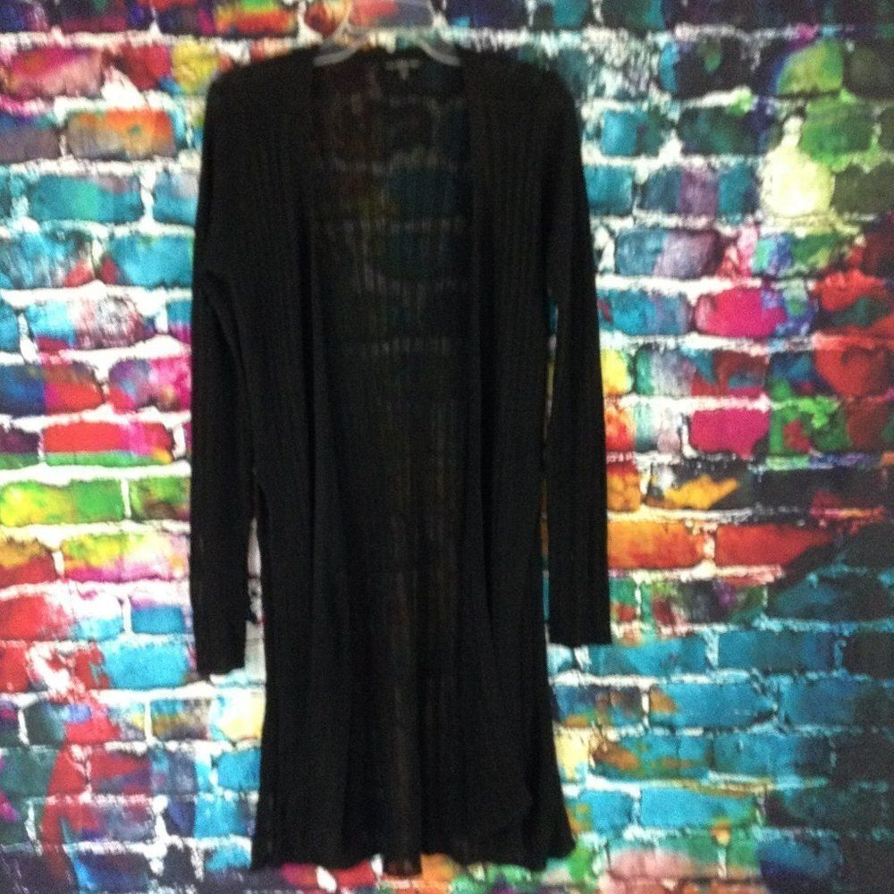 Guess Long Black Open Front Cardigan Sweater Split Sides Large